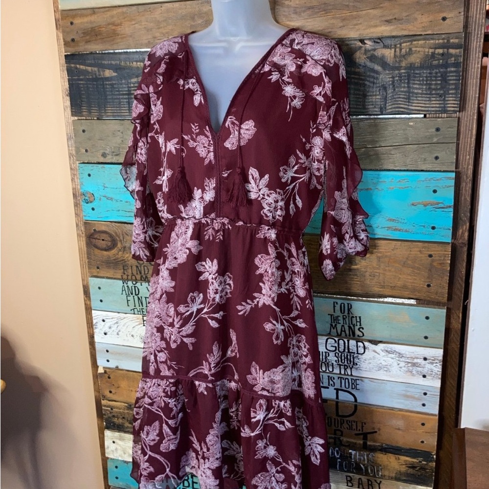 LC Lauren Conrad burgundy floral chiffon Dress M country boho cottagecore - Picture 3 of 12